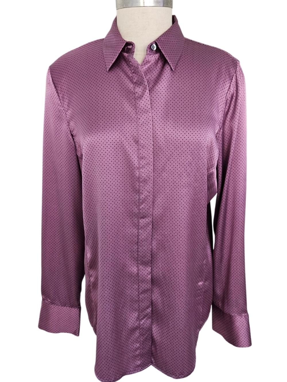 Ann Taylor Plum Polka-Dot Glossy  Silk Blouse
